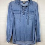 Alexander Jordan Long Sleeve Collared Denim Blue Top Lace Up Tie Front Pockets M Size M Photo 0