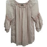 Elena Baldi Italy‎ 100% Silk Peasant Top Crochet Trim Bell Sleeve Blouse Size Lg Tan Photo 0