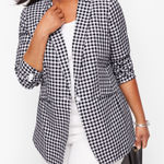 Talbots NWOT Linen Cotton Blend Gingham Plaid Blazer White Black Size 16 Photo 0