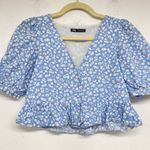 ZARA  Blue White Ditsy Floral Puff Sleeve Button Down Crop Top Blouse S Ruffled Photo 0