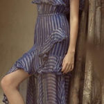 MISA Los Angeles MISA Ambrosia Ruffle Hem Striped Midi Dress Metallic Gold Royal Blue Tiered NEW Photo 0