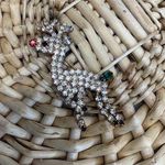 Rhinestone Reindeer Brooch Articulated Legs Gold Green Red Rhinestones Photo 0