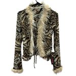Romwe Leopard Print Faux Fur Long Sleeve Tie Front Ruffle Lightweight Cardigan Top M Photo 10