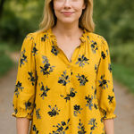 MELLODAY  Yellow Floral Print Top. Open Ruffled Neck W/Buttons. SIZE 2X. NWT Photo 0