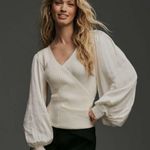 Anthropologie Ivory Twofer Faux Wrap Sweater With Satin Balloon Sleeves Size XXS Photo 0