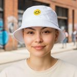 Smiley Patched Bucket Hat Unisex One Size White Smile Emoji Beach Hiking Casual Photo 0