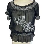 Planet Gold  Floral Embroidered Semi-Sheer Smocked Peplum Blouse, Large‎ Photo 0