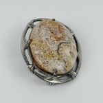 Vintage Natural Stone Agate Oval Brooch Silver Tone Openwork Setting Photo 1