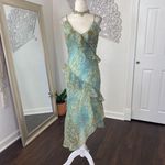 Bebe Made in USA Early 2000's Frilly Ruffle Asymmetric Teal Blue Midi Dress S Photo 2