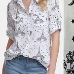 Karl Lagerfeld PARIS Whimsical Long Sleeve Top XL Button Down Eiffel Tower Sheer Photo 1
