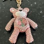 Betsey Johnson NWT Rhinestone Pink Pave Moveable Bear Holiday Necklace Candycane Photo 2