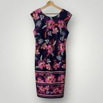 Eliza J  Floral Scuba Sheath Dress Navy Pink Size 10 V-Neck‎ Cap Sleeve Stretch Photo 4