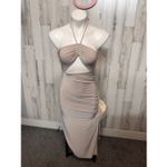 Forever 21  Beige Ruched Halter Maxi Dress • Cutout Front • Bodycon Sexy Evening Photo 6