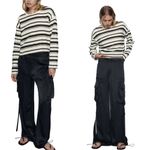 ZARA Crop Rustic Sweater Striped Long Sleeve Cotton White Black Crew Neck Medium Photo 2