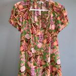 Rose + Olive Orange Pink & Green Floral Ruffle Tie Neck Short Sleeve Blouse 1X Photo 1