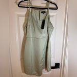 Lulus NWT What a Stunner Sage Green Satin Asymmetrical Mini Dress, Medium Photo 5