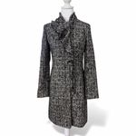 DKNY Women's Ruffled Dress Knee Length Black White Gray Wool Blend Coat Size 2 Photo 2