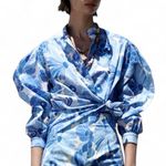 ZARA Blue Floral Oversized Button Down Shirt XS Photo 0