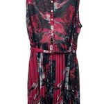 Swak Sleeveless Sheer Lined Midi Red Floral Flowy Button Top Pleated 5x Dress Photo 0