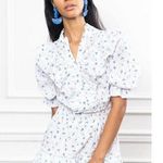 The Shirt Rochelle Behrens White Cotton Blue Floral Ruffle Trim Mini Dress Small Photo 0