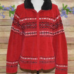 Carolyn Taylor Ladies Red Full Zip Faux Fur Fair Isle Sweater Cardigan Size XL Photo 0