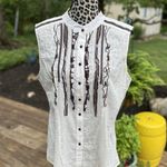 Coldwater Creek Women's XL Cream Brown Sleeveless Ruffle Button Up Tank Top Boho Photo 0
