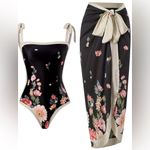 NWT Black Floral Print Swimsuit Set With Adjustable Ties & Reversible XL Photo 1