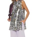 Ganni  Floral print silk blend Metallic top Olive Green size 6 Photo 3