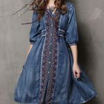 Keer Qiaowa Bohemian Cross Stitch Button Down Denim Knee Length Dress Blue Photo 13