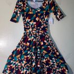 LuLaRoe NWT Nicole Color Block Fit & Flare Argyle Geometrical Pleated Swift Dress Size XS Photo 0