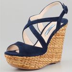 Prada Suede Crisscross Wicker Wedge Sandal - Navy Photo 0