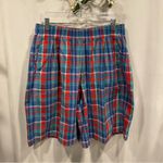 Vintage 80’s elastic waist seersucker plaid red blue mom shorts pockets bermuda Size XL Photo 5