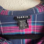 Torrid  Size 0 Plaid Button Down Shirt Roll Tab Sleeves Navy Pink Causal Large Photo 1
