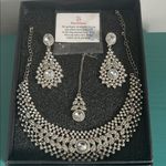 Touchstone Bollywood Bridal Prom Glam Rhinestone Necklace Earrings Mangtika Set Silver Photo 0
