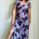 Vintage 70s Maxi Dress Sea Siren Print Purple Black Sexy Fit Side Slits Maxi Size 6 Photo 1