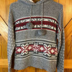 Yes Lola Hooded Cropped Knit Sweater Gray Lined Hood Pom Poms Size Large (5365) Photo 0