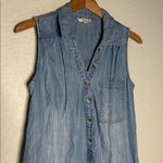 Elan  Denim Ruffled Mini Dress Tencel Sleeveless Pockets Casual Vacation Chambray Photo 4