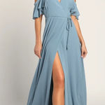 Lulus NWT Easy Listening Slate Blue Cold-Shoulder Wrap Maxi Dress Photo 0