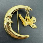 Vintage DANECRAFT Goldtone Cherub Angel Swinging on Crescent Moon Brooch Pin Gold Photo 0