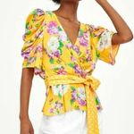 ZARA  Floral Print Puff Sleeve V-Neck Faux Wrap Blouse Yellow Multi Size Medium Photo 4