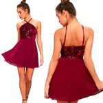 Lulus Dress Women Medium Burgundy Time of Love Sequin Halter Skater Mini Prom Red Photo 1