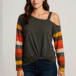 Boutique Y2k Striped Off shoulder Long Sleeve Shirt casual Multicolor boatneck medium Photo 0