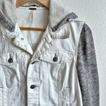 Free People  | Knit Hooded Denim Jean Jacket White Gray Mixed Distressed | Small Photo 3