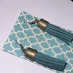 Handmade Tassel earrings teal blue dangle faux suede vintage brass patina hardware‎ NEW Photo 1