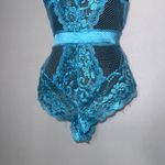 Fairy‎ Floral Lace Mesh Lingerie Bodysuit Open Back Aqua Blue Size L Photo 3