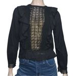 Love Sam  Women’s S Black Long Sleeve Cotton Voile Ruffle Front Embroidered Top Photo 2