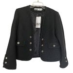 ZARA Black Tweed Double Breasted Open Collarless Blazer Jacket Size XS NWT Photo 0