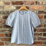 Draper James Blue Cotton Linen Windowpane Puff Sleeve Short Sleeve Shirt Top, S Photo 1