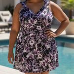 Coco Pear Purple Floral Print Crisscross Back Swim Dress Size 2XL Photo 1