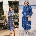 Zara Plaid Midi Dress Belted Balloon Sleeve Blue‎ Size Small blogger favorite Blue Photo 2